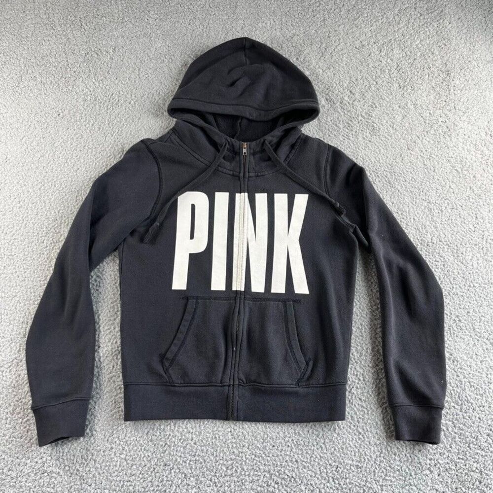 Victoria's Secret PINK‎ Jacket Womens Small Black Hoodie Sweatshirt Spell Out
